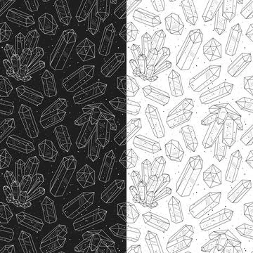 Seamless patterns with black and white crystals gems, outline drawing Stock Illustration
