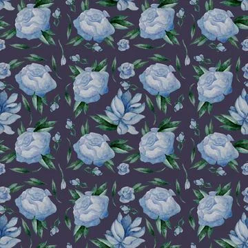 Seamless patterns. Blue big rose flowers, buds and leaves on a purple backgro Stock Illustration