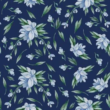 Seamless patterns. Blue flowers, buds and leaves on a dark blue background. W Stock Illustration