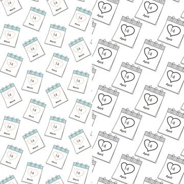 Seamless patterns of calendar pages with White and Black Day date 14 March and Illustrazione stock