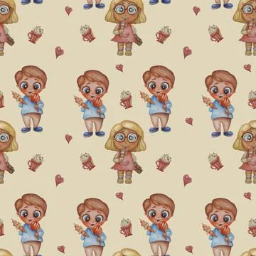 Seamless patterns. Children with a sweet tooth. Cute boy and girl with ice cream Stock Illustration