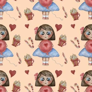 Seamless patterns. Childrens collection. Cute girl with a smile with, a balloon Stock Illustration
