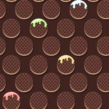 Seamless patterns of the Chocolate waffles or cookies. light pink backgroun.. Stock Illustration