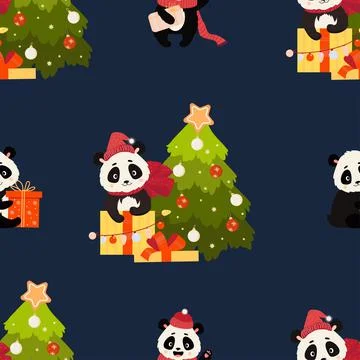 Seamless patterns with Christmas bear. Cute panda with gift and Christmas tree Illustrazione stock