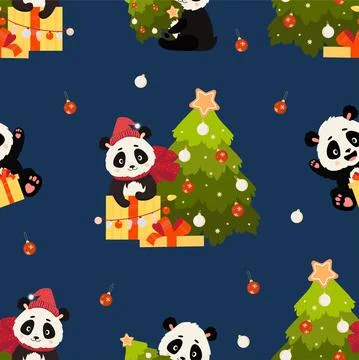 Seamless patterns with Christmas bear. Cute panda with gift and Christmas tree i Illustrazione stock