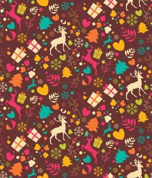 Seamless patterns with Christmas trees, reindeers, gift boxes and snowflakes Stock Illustration