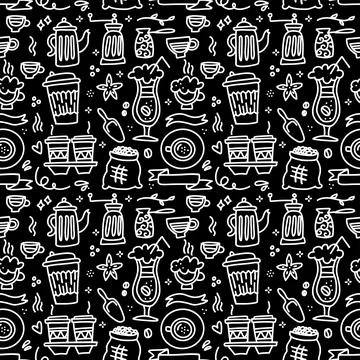 Seamless patterns with coffee set - cup, coffee mill , pot on black chalkboard Stock Illustration