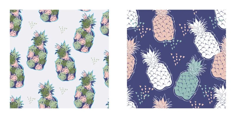 Seamless patterns collection with tropical pineapple fruits, vector illustrat Stock Illustration