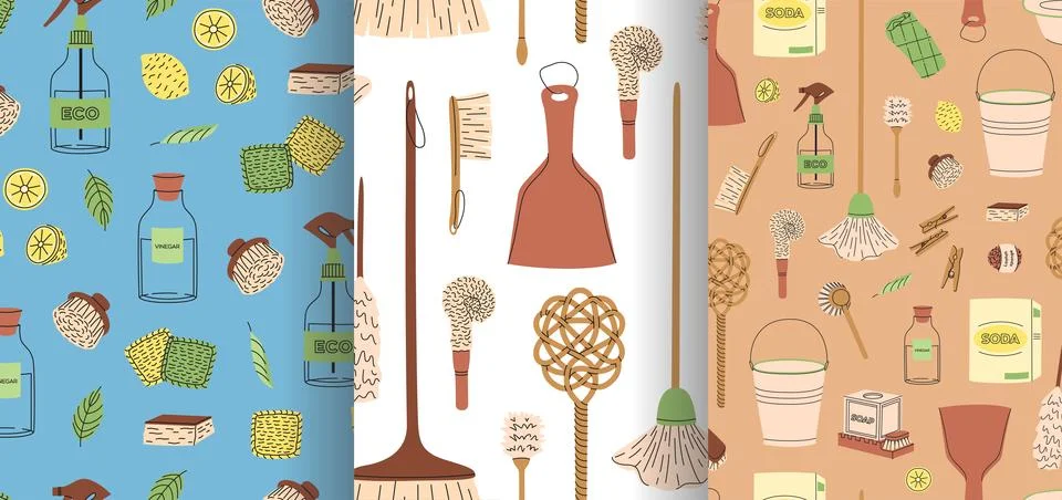Seamless patterns collections of eco-friendly cleaning products. Organic na.. Stock Illustration