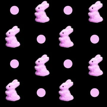 Seamless patterns of colored rabbits isolated on a black background Stock Illustration