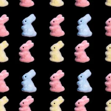 Seamless patterns of colored rabbits isolated on a black background Stock Illustration
