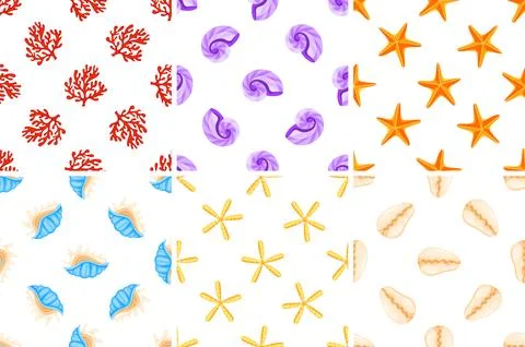 Seamless patterns with colorful seashells, corals and starfishes showing marine Stock-Illustration