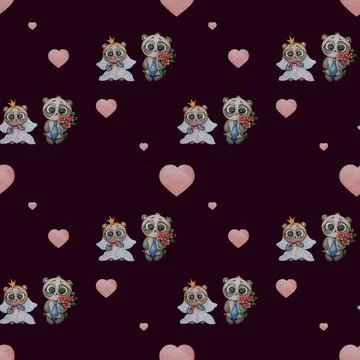Seamless patterns. Couple of cute panda bears. The groom with a bouquet of fl Stock Photos
