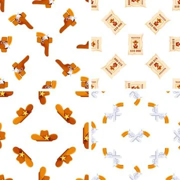 Seamless patterns with cowboy accessories such as guns, hats and wanted posters Stock-Illustration
