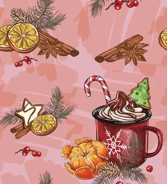 Seamless patterns Cup of hot chocolate or coffee decorated with cookies and.. Stock Illustration
