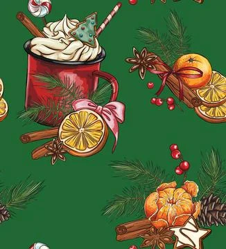 Seamless patterns Cup of hot chocolate or coffee decorated with cookies and.. Illustrazione stock