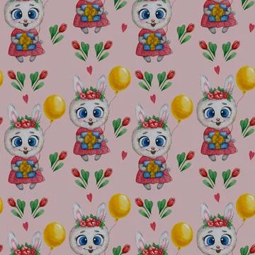 Seamless patterns with cute animals. Bunny girl in a pink dress with flowers, Stock Illustration