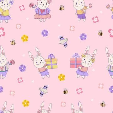 Seamless patterns with cute animals. Easter bunnies - boy and girl with gifts an Stock Illustration