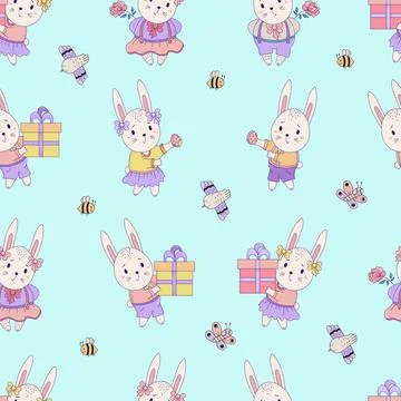 Seamless patterns with cute animals. Easter hares - boy and girl with gifts and Stock Illustration
