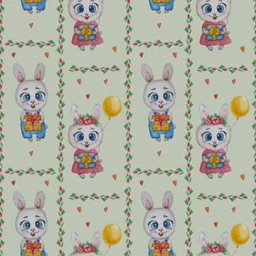 Seamless patterns. Cute animals hares. Girl rabbit with flowers and a balloon Stock Illustration