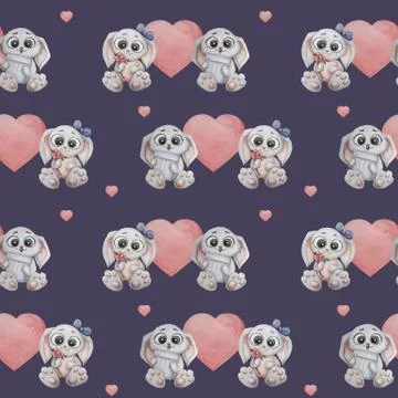 Seamless patterns. Cute animals. Two gray bunnies in love. A girl with a bow  Stock Illustration