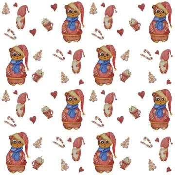 Seamless patterns. A cute bear in a scarf and sweater and a New Years hat on a Stock Illustration