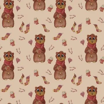Seamless patterns. A cute bear Teddy with a scarf and a mug in his paws, with Stock Illustration