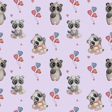 Seamless patterns with cute bears. Funny pandas on a light purple background  Stock Illustration