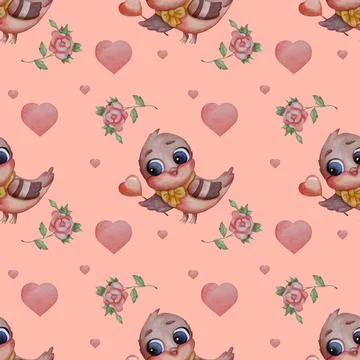Seamless patterns. A cute bird - titmouse with a red belly and a yellow bow o Stock Illustration