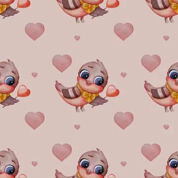 Seamless patterns. Cute bird - titmouse with a yellow bow on a light pink Stock Illustration