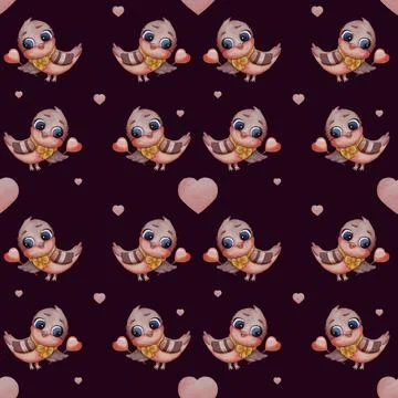 Seamless patterns. A cute bird - titmouse with a yellow bow on the neck on a Stock Illustration