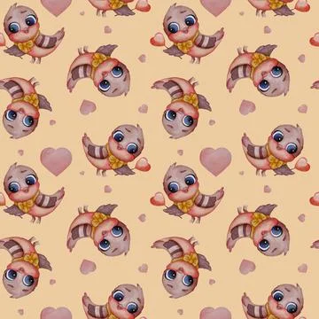 Seamless patterns. Cute bird - titmouse with a yellow bow on the neck on a beige Stock Illustration