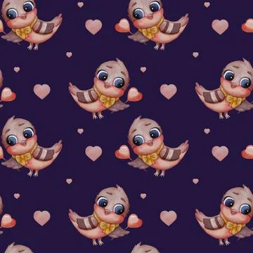 Seamless patterns. A cute bird - titmouse with a yellow bow on the neck holds Stock Illustration