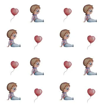 Seamless patterns. Cute boy sits on a white background with red balloons. Wat Stock Illustration