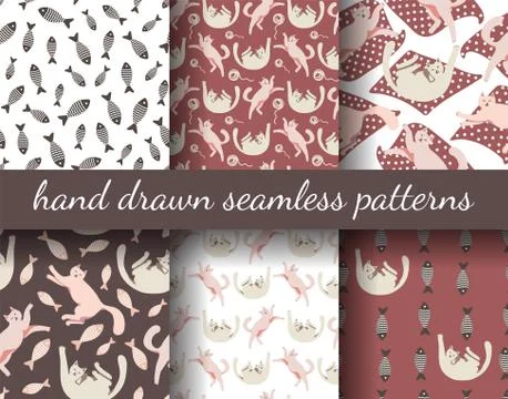 Seamless patterns with cute cat. Cat playing with a ball of thread. Stock Illustration