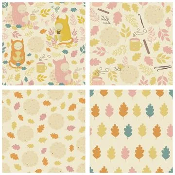 Seamless patterns with cute characters, mugs of tea, cookies, cozy autumn Illustrazione stock