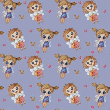 Seamless patterns. Cute children angels with wings - a boy and a girl with a  Stock Illustration