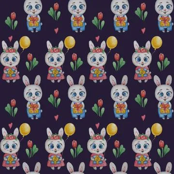 Seamless patterns. Cute couple hares. Girl rabbit with flowers and a balloon and Stock Illustration