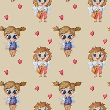 Seamless patterns. Cute couple in love - angels with wings - boy and girl on  Stock Illustration
