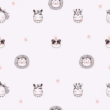 Seamless patterns. Cute decorative portraits of animals. Tropical - lion and Stock Illustration