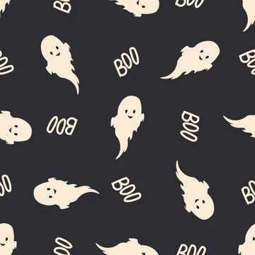 Seamless patterns with cute ghosts on black background. Simple spooky chara.. Stock Illustration