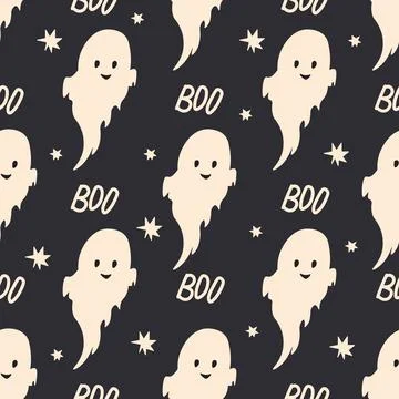 Seamless patterns with cute ghosts on black background. Simple spooky chara.. Stock Illustration