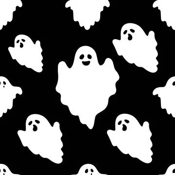 Seamless patterns with cute ghosts on black background. Simple spooky chara.. Stock Illustration