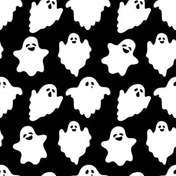 Seamless patterns with cute ghosts on black background. Simple spooky chara.. Illustrazione stock