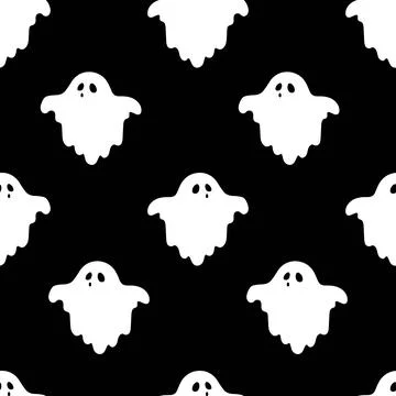 Seamless patterns with cute ghosts on black background. Simple spooky chara.. Stock Illustration