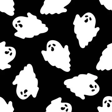Seamless patterns with cute ghosts on black background. Simple spooky chara.. イラスト素材