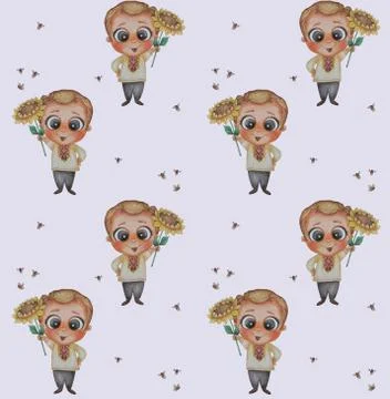 Seamless patterns. Cute kid in an embroidered shirt with a yellow sunflower in Stock Illustration
