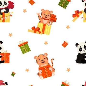 Seamless patterns. Cute panda and tiger with big gift on white background with C イラスト素材