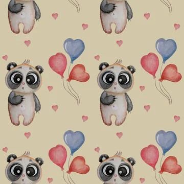 Seamless patterns with cute panda. A surprised little teddy bear stands with  Stock Illustration