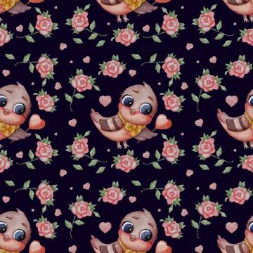 Seamless patterns. Cute titmouse with a bow and a heart in the wing on a dark Stock Illustration